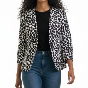 Kasper Peplum Blazer Women Size 6 White Black Polka Dot 1 Button 3/4 Sleeve Slit
